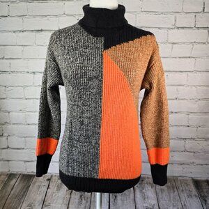 WOMENS COLORBLOCK GEOMETRIC KNIT TURTLENECK SWEATER, BLACK BROWN ORANGE SIZE S